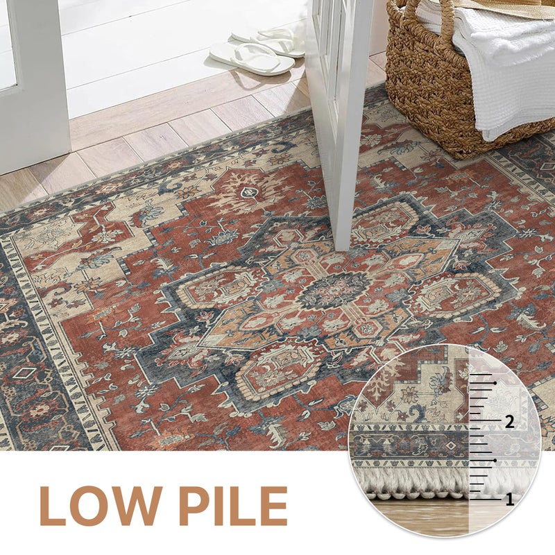 GENIMO 5x7 Area Rugs for Living Room, Machine Washable Non Slip Vintage Rugs, Low Pile Lightweight Chenille Print Rug for Bedroom, Dining Room, Home Office,Bordeaux - Image 4