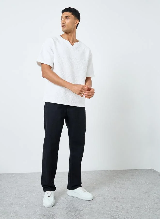 Styli Styli White Textured Oversized Notch Neck T-Shirt