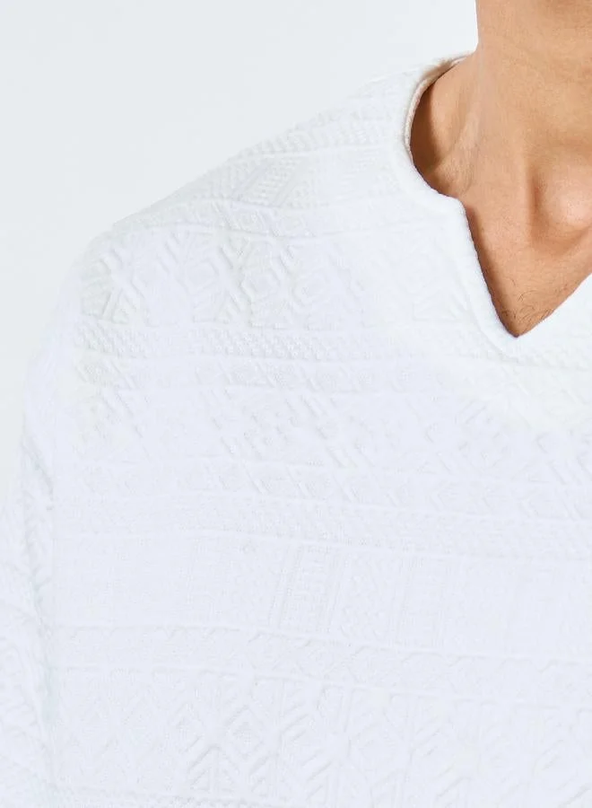 Styli White Styli White Textured Oversized Notch Neck T-Shirt for Men | Best Price UAE