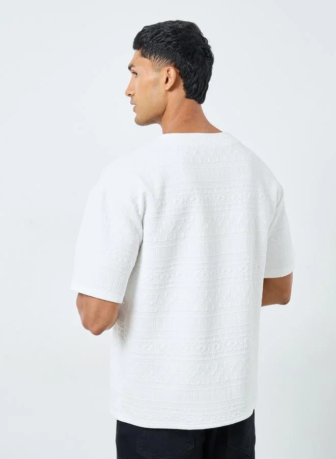 Styli White Styli White Textured Oversized Notch Neck T-Shirt for Men | Best Price UAE