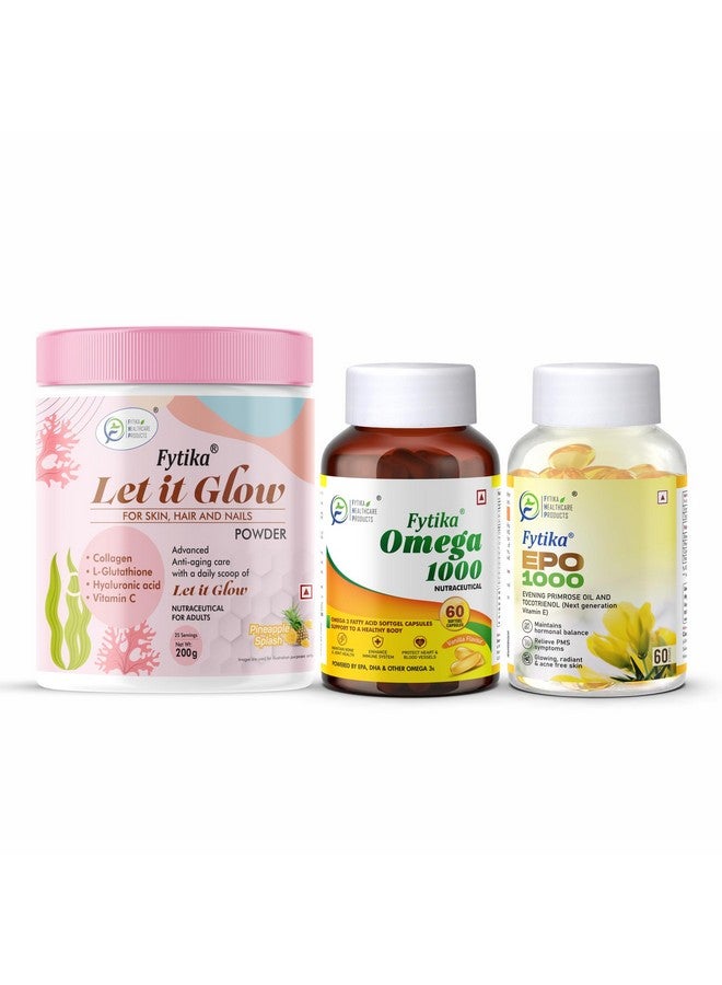 FYTIKA فيتيكا دعها تتألق أناناس، مسحوق الكولاجين-200غ + فيتيكا أوميغا 1000 (أحماض دهنية أوميغا-3)-60 كبسولة + فيتيكا EPO 1000 زيت زهرة الربيع المسائية-60 كبسولة لينة - Image 1