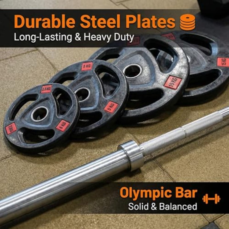 Home gym strength training: Olympic 84 barbell set with spring collars, adjustable 2.5kg-25kg steel plates, black chrome finish, 175 KG total capacity - Image 4