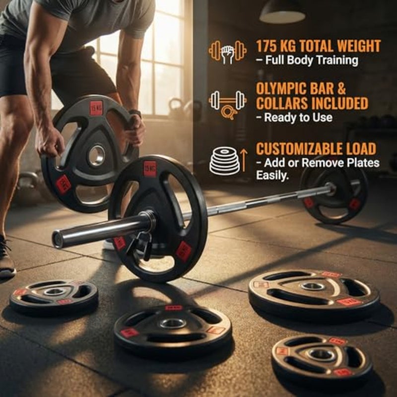 Home gym strength training: Olympic 84 barbell set with spring collars, adjustable 2.5kg-25kg steel plates, black chrome finish, 175 KG total capacity - Image 3