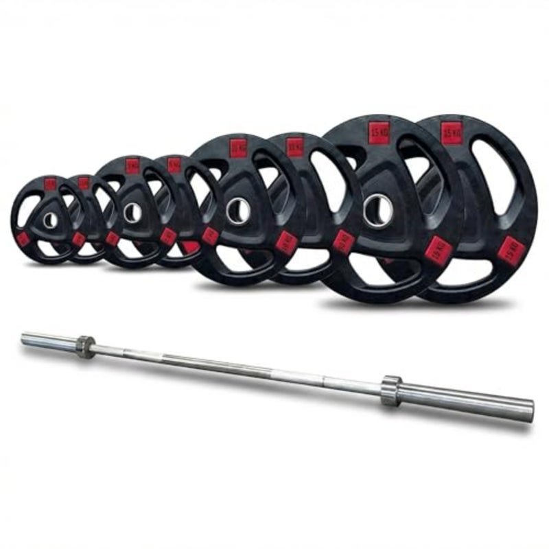 Home gym strength training: Olympic 84 barbell set with spring collars, adjustable 2.5kg-25kg steel plates, black chrome finish, 175 KG total capacity - Image 1