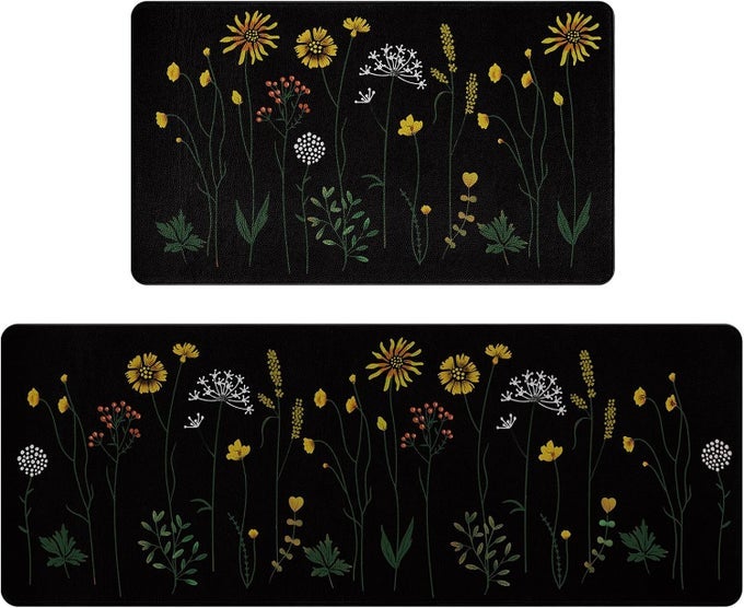 COLORFUL FLORAL KITCHEN MAT FOR FLOOR NON SLIP KITCHEN RUGS AND MAT SET OF 2 WATERPROOF CUSHIONED ANTI FATIGUE KITCHEN MAT 17X4717X29 BLACK