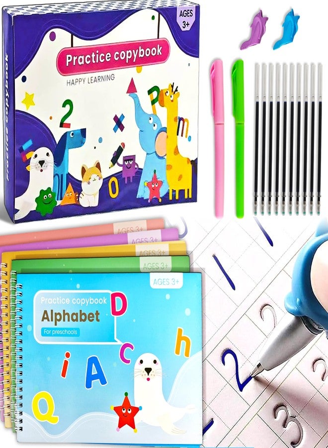 Flamax 5 Packs in 1 Large Reusable Magic Grooved Writing Practice for Kids with 2 Pen & 10 Refills, Disappearing Ink Handwriting Book, Magic Grooved Writing Practice for Kids - Image 1