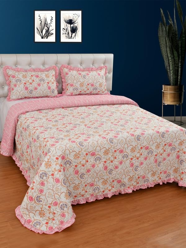 MORADO® Ultrasonic Quilted Bedsheet for Double Bed (90x100 Inches) with 2 Pillow Covers | Floral Glace Cotton Bedcover 3 Pcs Set with Frill & Lace | 280 TC, All-Season Use | Multi Color - Image 1