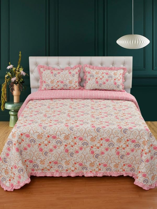 MORADO® Ultrasonic Quilted Bedsheet for Double Bed (90x100 Inches) with 2 Pillow Covers | Floral Glace Cotton Bedcover 3 Pcs Set with Frill & Lace | 280 TC, All-Season Use | Multi Color - Image 2