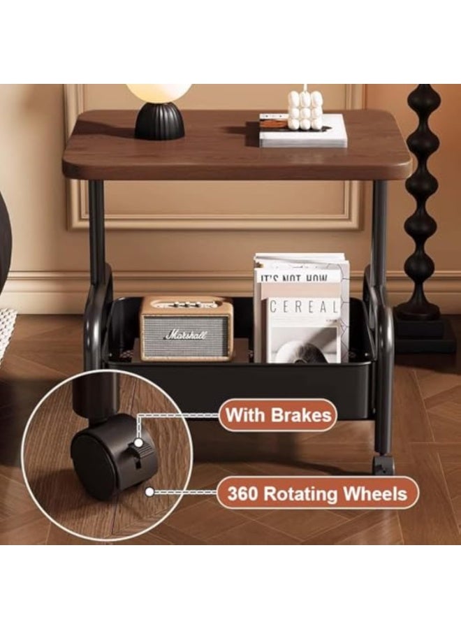Arabest Mobile Side Table, Industrial Coffee Table with Storage Shelf, Walnut Top with Black Metal Frame, Rolling Wheels, Living Room Sofa End Table (Brown) - Image 4
