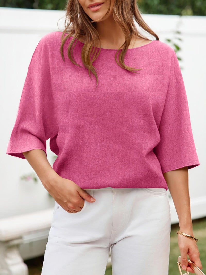 Cicy Bell Womens Half Sleeve Sweaters Oversized Boat Neck Knitted Pullover Sweater Trendy Casual Loose Fit Fall Tops Pink - Image 2