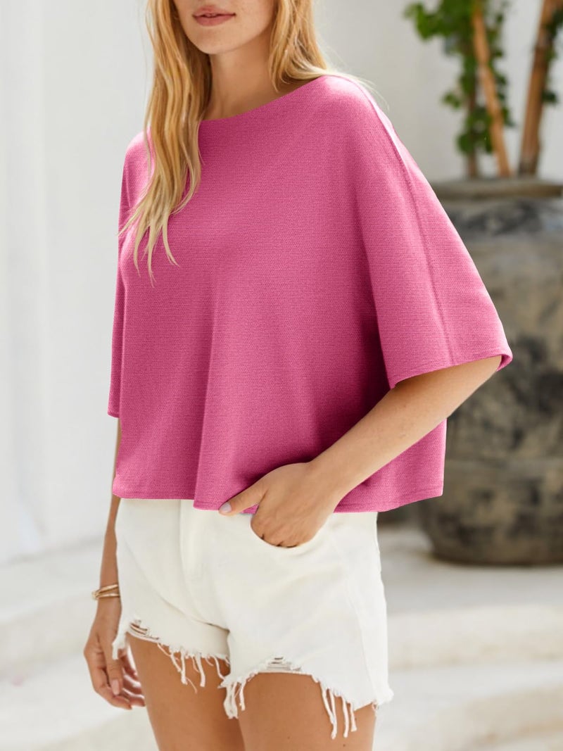 Cicy Bell Womens Half Sleeve Sweaters Oversized Boat Neck Knitted Pullover Sweater Trendy Casual Loose Fit Fall Tops Pink - Image 5