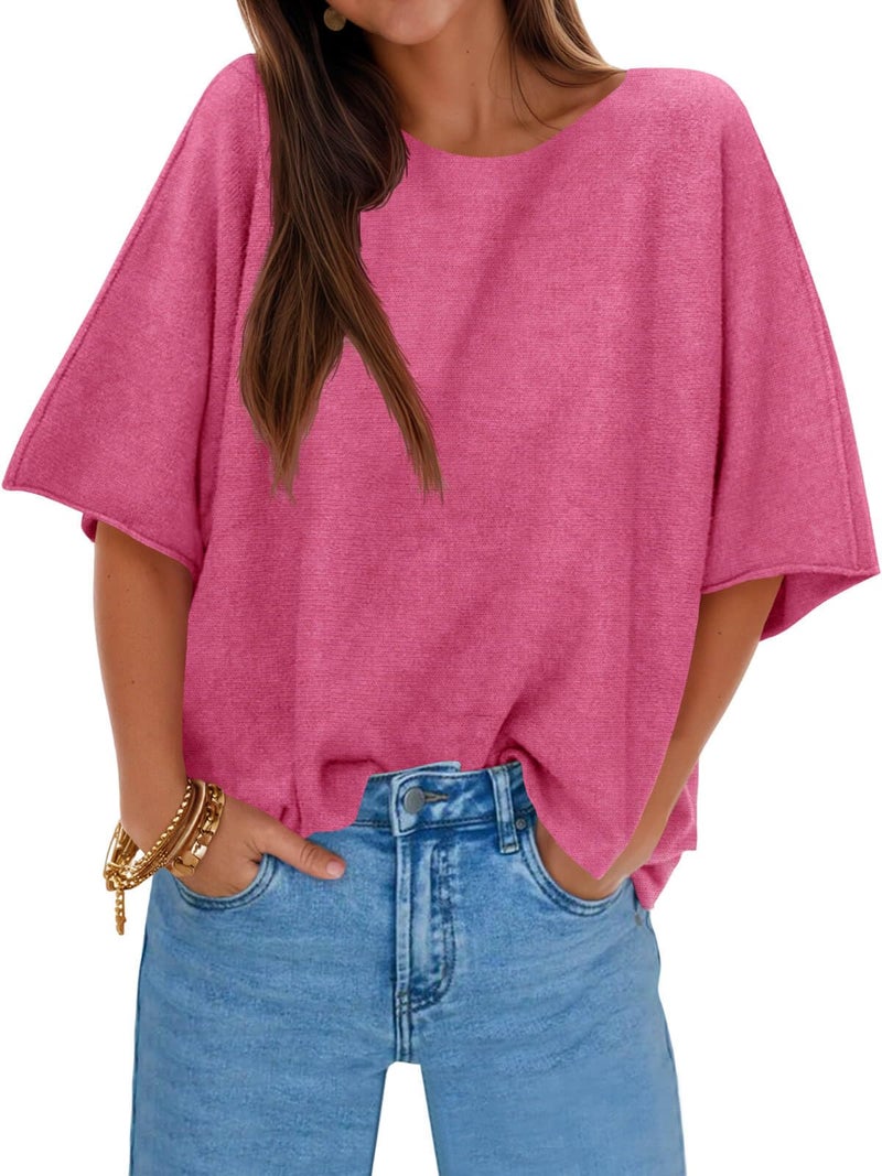 Cicy Bell Womens Half Sleeve Sweaters Oversized Boat Neck Knitted Pullover Sweater Trendy Casual Loose Fit Fall Tops Pink - Image 1