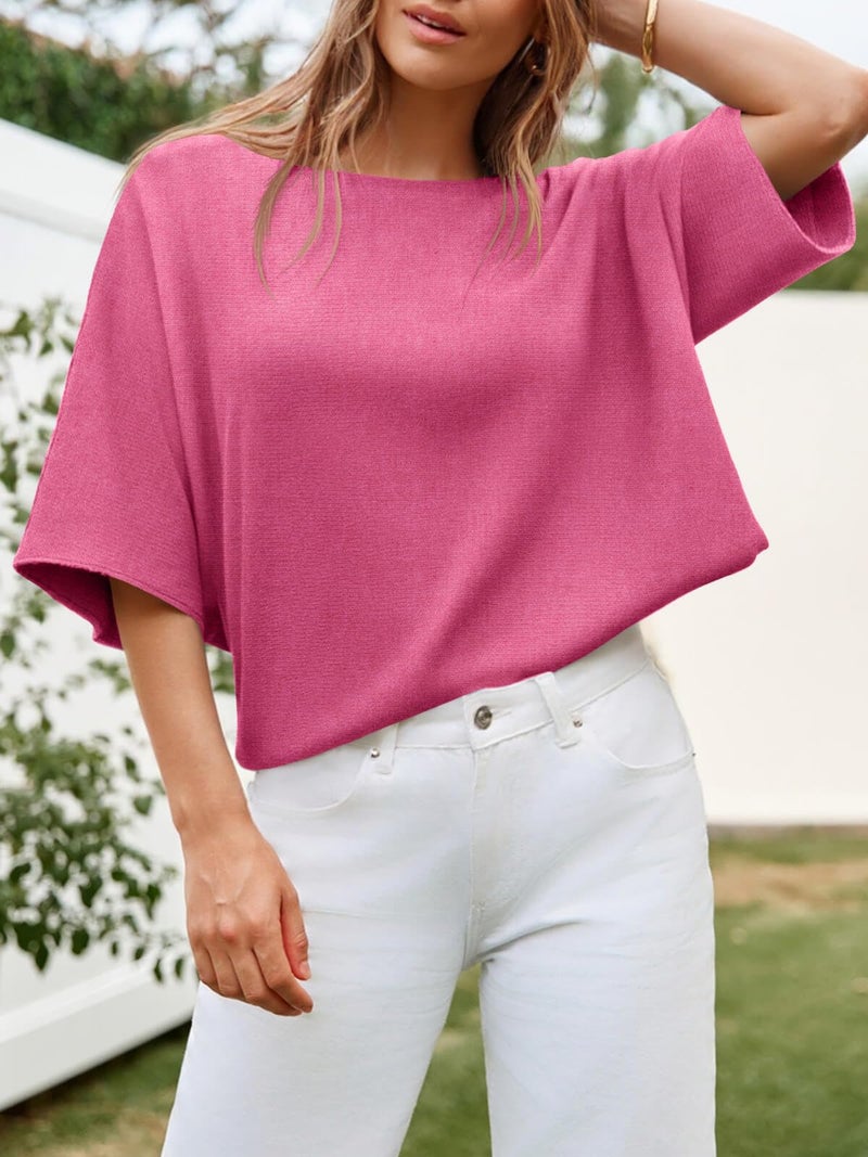 Cicy Bell Womens Half Sleeve Sweaters Oversized Boat Neck Knitted Pullover Sweater Trendy Casual Loose Fit Fall Tops Pink - Image 3