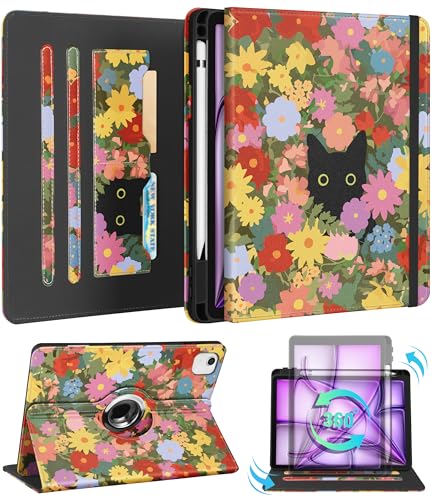 Kidcube for iPad Air 13 Inch Case M3 2025M2 2024for iPad Pro 129 Cases 6th5th 20222021 Women Girls Cute Rotating Stand Folio Cover with Pencil Holder Card Slot Girly Kawaii Cat Flower Cover