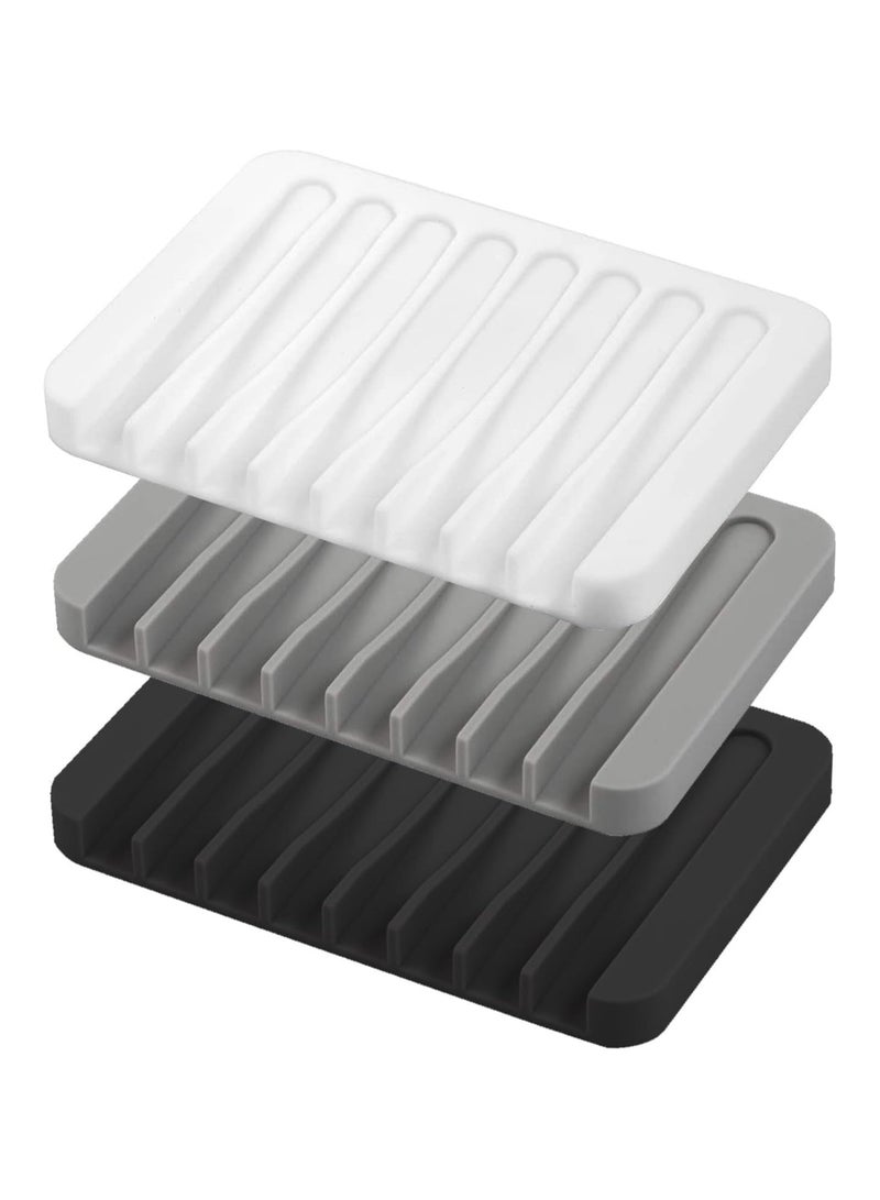 Self Draining Soap Dishes, 3 Pcs Silicone Waterfall Drainer Soap Holder for Bathroom, Extend Soap Life Keep Dry Clean & Easy Cleaning (Black, White, Gray)  - Image 1