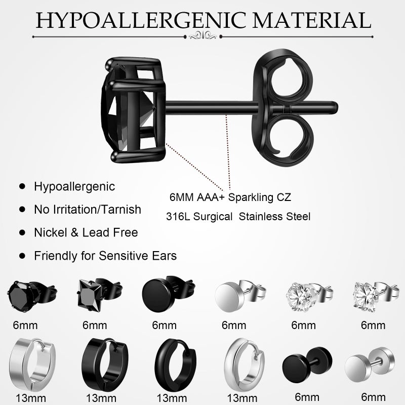 ONESING 12 Pairs Earrings for Men Hypoallergenic Stainless Steel Earrings Studs Hoop Earrings Silver/Black Mens earrings Set for Multiple Piercing - Image 2