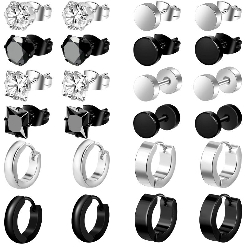 ONESING 12 Pairs Earrings for Men Hypoallergenic Stainless Steel Earrings Studs Hoop Earrings Silver/Black Mens earrings Set for Multiple Piercing - Image 1