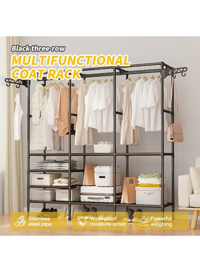 Large Clothes Rack, 3-Row Freestanding Hanger with Side Hooks, Multi-Compartment Clothing Rack, Removable Garment Rack with Raised Base, Suitable for Storing Clothes, Accessories, Shoes, Bags, Towels - Image 2