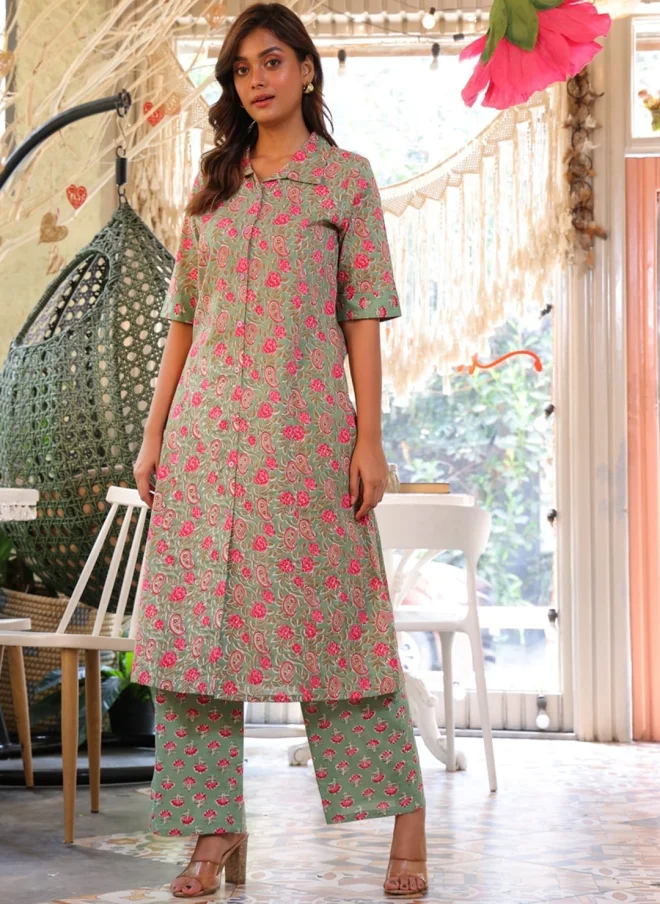 AKS Green Ethnic Motifs Kurta Set for Women