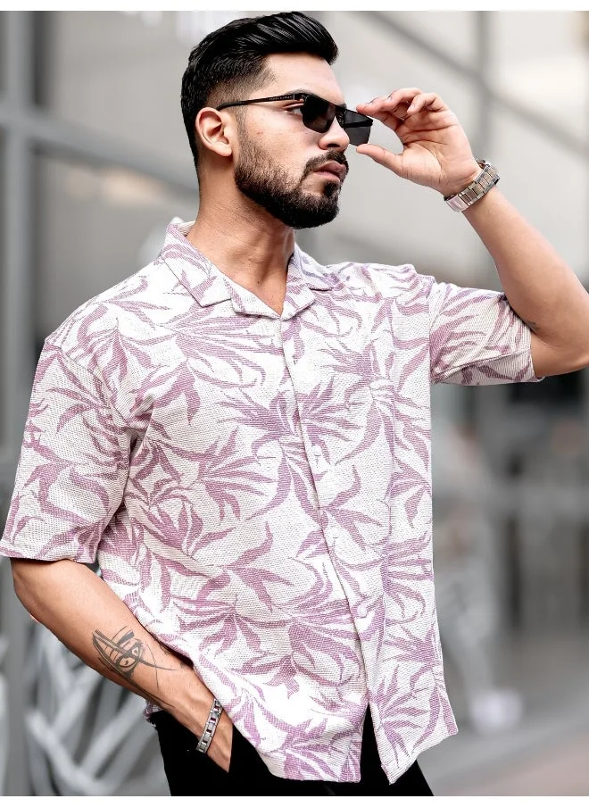 مانياك قميص رجالي مانياك بياقة زهور وأكمام ثلاثة أرباع من قماش التويد الأرجواني بقصة واسعة