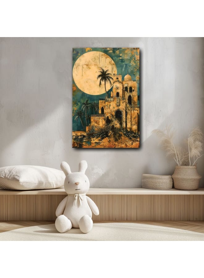 Home Gallery Painting Mosque With Palm Trees Moon Background Printed On Canvas Wall Art - Image 1