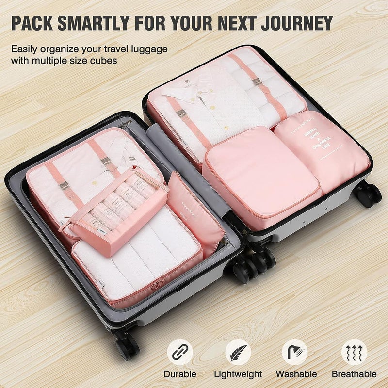 TS WITH TECHSUN 7 Pcs Travel Organizer Pouch Packing Cubes for Clothes Space Savers Bags Cosmetics/Underwear/Socks/Shoes Toiletry Bag Laundry Organiser (Nylon) (Pink) - Image 5