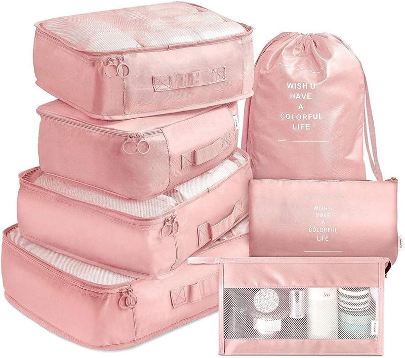 TS WITH TECHSUN 7 Pcs Travel Organizer Pouch Packing Cubes for Clothes Space Savers Bags Cosmetics/Underwear/Socks/Shoes Toiletry Bag Laundry Organiser (Nylon) (Pink) - Image 1