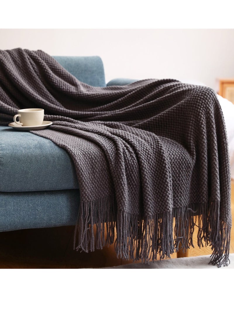 Loquat Tassel Design Knitted Textured Soft Throw Blanket Keep Warm Ash Grey 