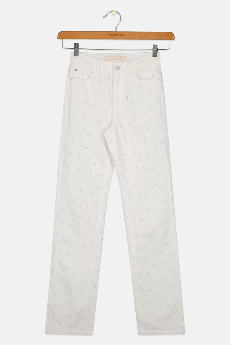 GUESS Women Regular Fit Embroidered Eyelet Stretchable Denim, Off-White - Image 3