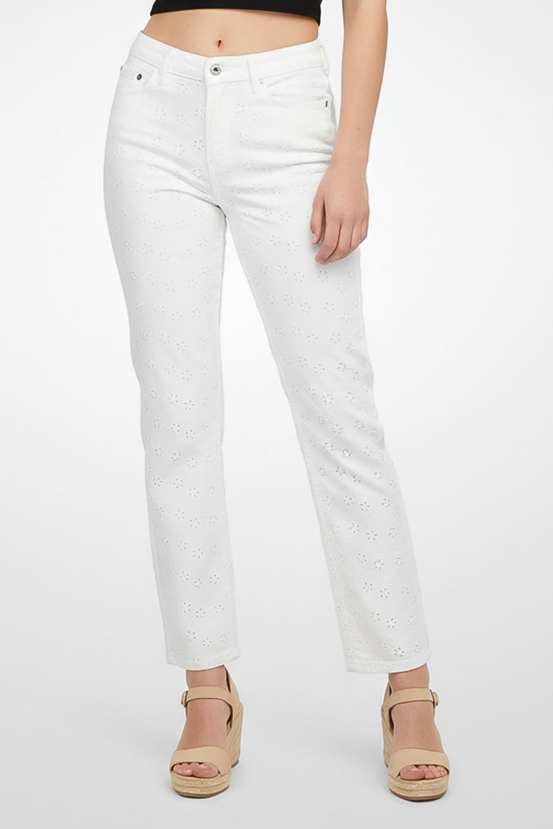 GUESS Women Regular Fit Embroidered Eyelet Stretchable Denim, Off-White - Image 1