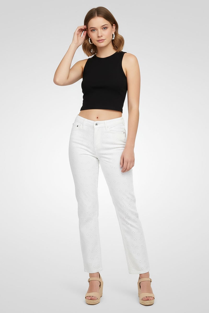 GUESS Women Regular Fit Embroidered Eyelet Stretchable Denim, Off-White - Image 2