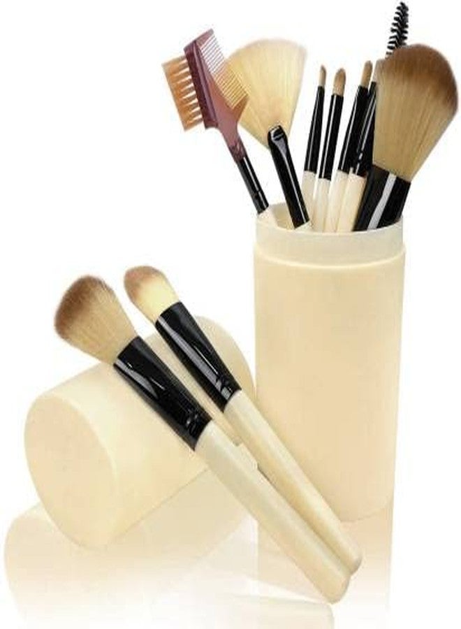 موج مجموعة فرش مكياج لكريم الأساس، وظلال العيون، والحواجب، ومحدد العيون، وأحمر الخدود، والبودرة، والكونسيلر، وفرشاة تحديد الوجه مع زجاجة تخزين أسطوانية - عبوة من 12 قطعة (لون عاجي) - Image 1