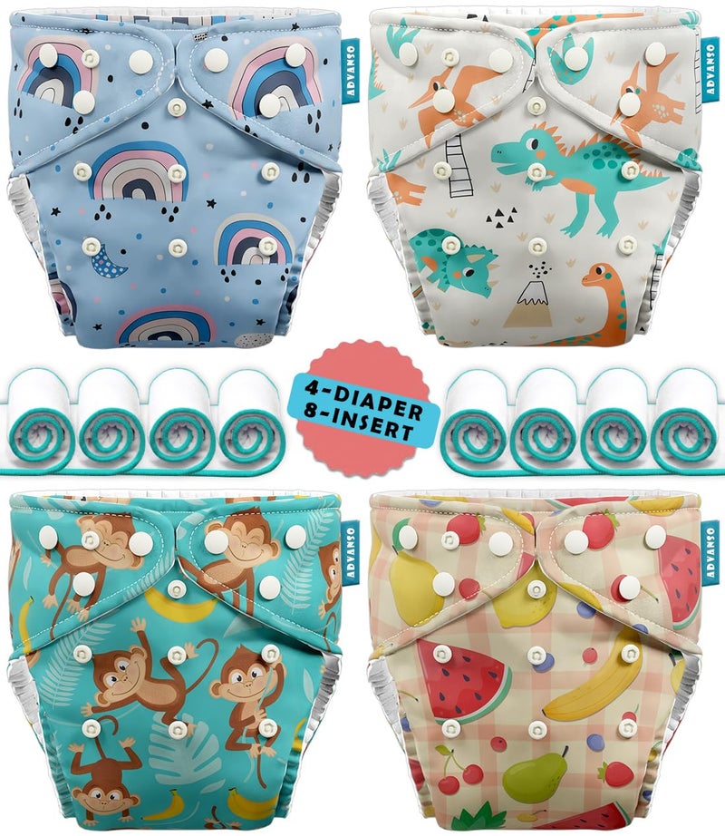 Advanso Leakage Proof cloth diapers for babies, high absorbent 4 reusable diaper 8 insert pad combo pack washable cloth diaper free size 5-18kg adjustable pocket cover 81 - Image 1
