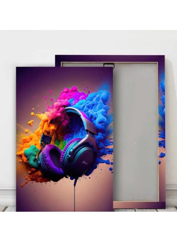 فيجن لوحه فنيه جداريه بخامة كانفس مشدودة على إطار خشبي بتصميم سماعة راس   بدون حواف, لغرف الشباب وصالات الجيمنج ومحبي الألعاب حجم كبير  65*45 سم - Image 1