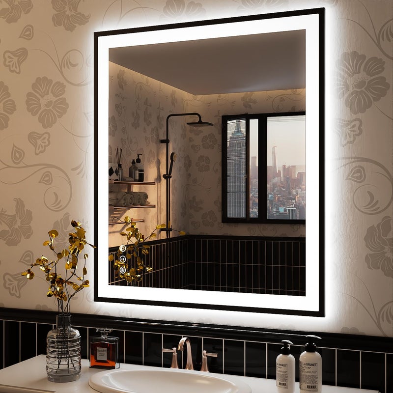 ISKM 36x30 Inch LED Bathroom Mirror with Front Light and Backlight Black Framed Dimmable Lighted AntiFog Wall Vanity Mirror 3 Colors Shatterproof and Waterproof Memory Function
