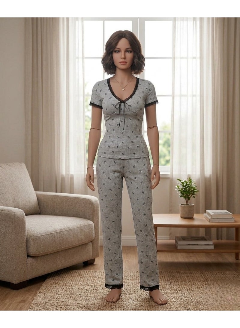 Elegant Ribbed Lace-Trimmed Loungewear Set - Grey - Image 2