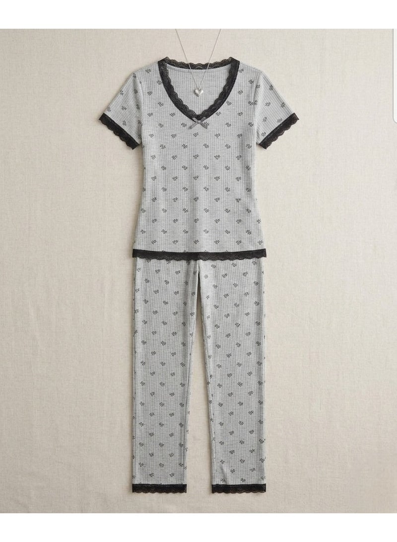 Elegant Ribbed Lace-Trimmed Loungewear Set - Grey - Image 3