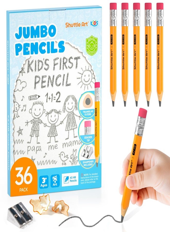 Shuttle Art Jumbo Pencils - 36 Pack Triangle Pre sharpened Pencils #2 HB with Top Erasers & Sharpener, for Kids Ages 3-5, Kindergarten School Supplies, Ideal for Home, Classroom - Image 1