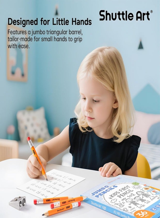 Shuttle Art Jumbo Pencils - 36 Pack Triangle Pre sharpened Pencils #2 HB with Top Erasers & Sharpener, for Kids Ages 3-5, Kindergarten School Supplies, Ideal for Home, Classroom - Image 2