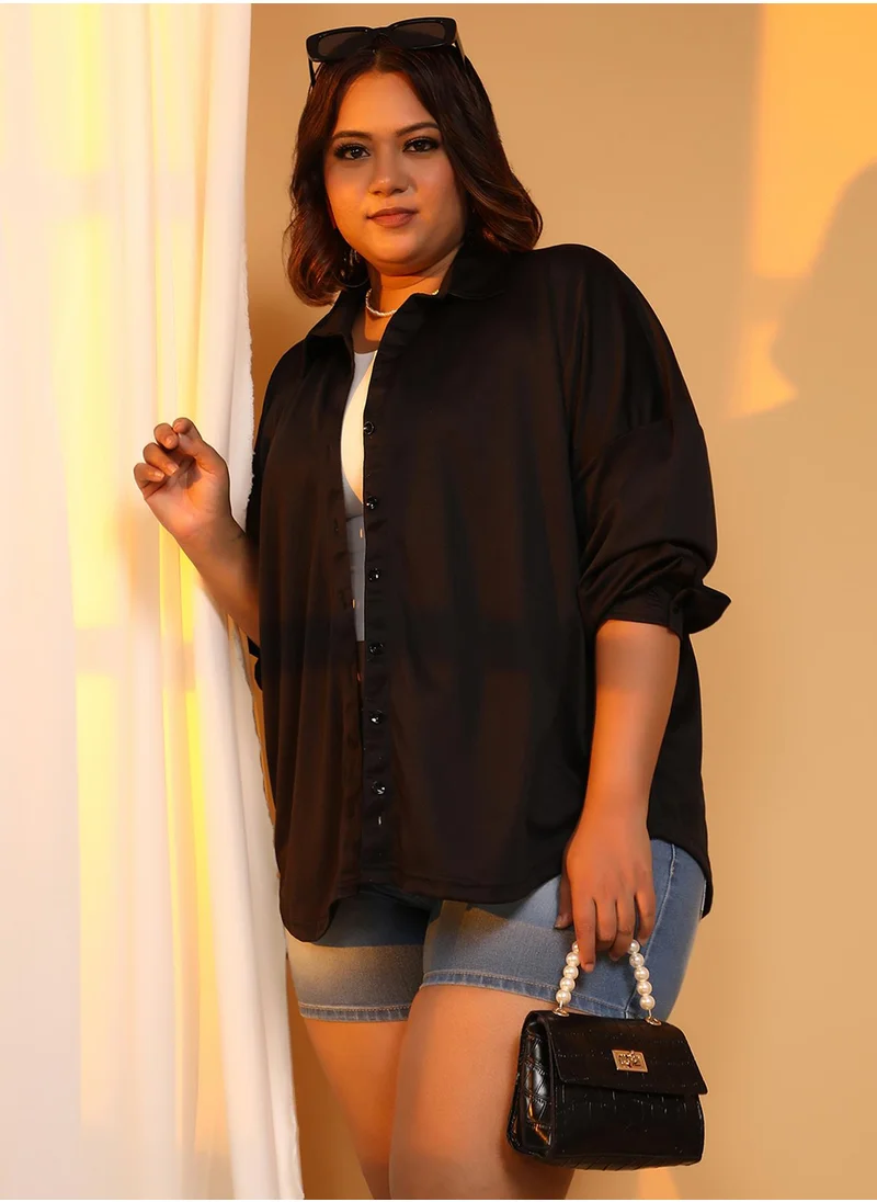 انستافاب بلس Women's Obsidian Black Solid Oversized Shirt