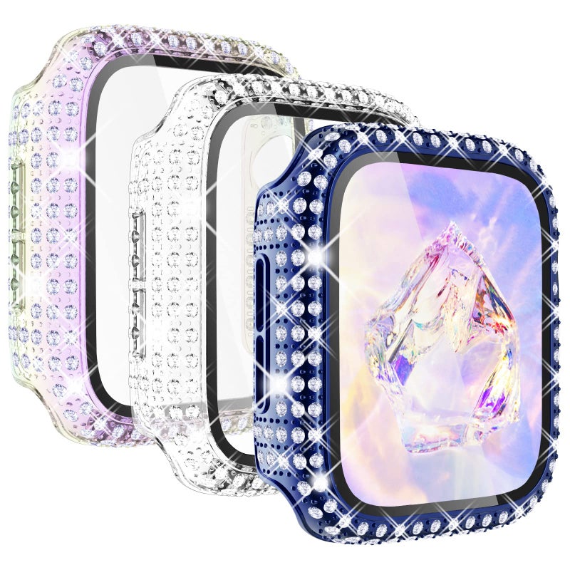 KADES 3-Pack Bling Cases Compatible with Apple Watch Case 38mm Full Diamond with Built-in Screen Protector for Apple Watch Series 3 2 1 (38mm, Blue/Iridescent/Clear) - Image 1