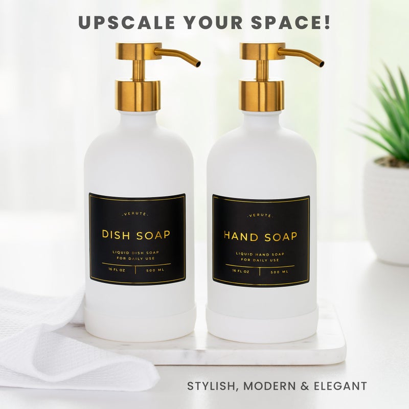 Verute Hand and Dish Soap Dispenser for Kitchen and Bathroom, Set of 2 16 Oz Glass Bottles, Stainless Steel Pumps, Non-Slip Silicone Base, 27 Waterproof Labels (Matte White Bottle/Brushed Gold Pump) - Image 3