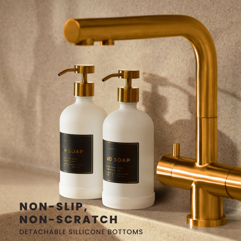 Verute Hand and Dish Soap Dispenser for Kitchen and Bathroom, Set of 2 16 Oz Glass Bottles, Stainless Steel Pumps, Non-Slip Silicone Base, 27 Waterproof Labels (Matte White Bottle/Brushed Gold Pump) - Image 2