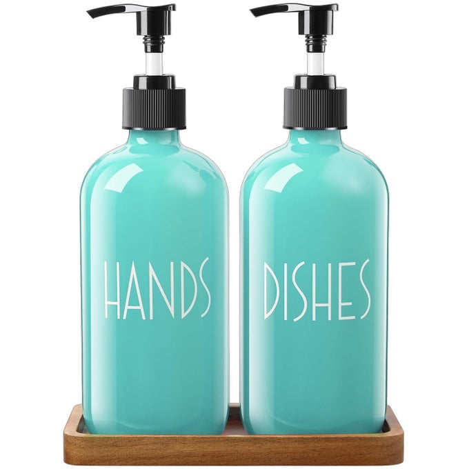 TURQUOISE DISH SOAP DISPENSER FOR KITCHEN 16 OZ GLASS HAND SOAP DISPENSER SET WITH PUMP AND ACACIA WOOD TRAY TURQUOISE KITCHEN DECOR TEAL KITCHEN ACCESSORIES