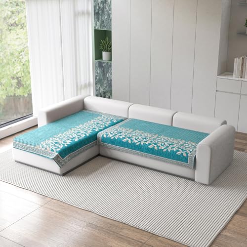 Nendle Superior Velvet Floral Sofa Mat 4 Seater Set Cover Durable Protector for Living Room Sofa Set 2+2, Suitable for L Shape, Sectional and U Shape Sofa (Color Aqua, Pack of 2) - Image 1