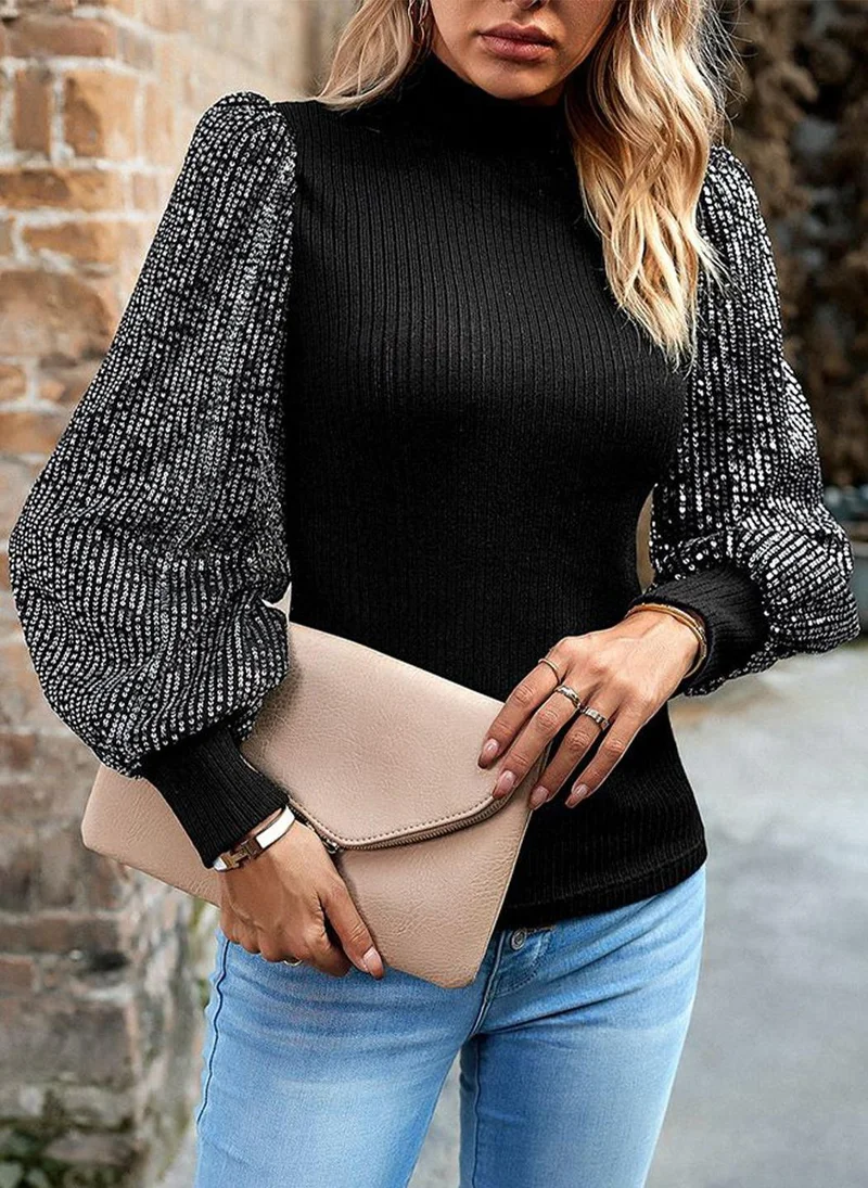 YUNIQEE Black High Neck Long Sleeves Solid Top