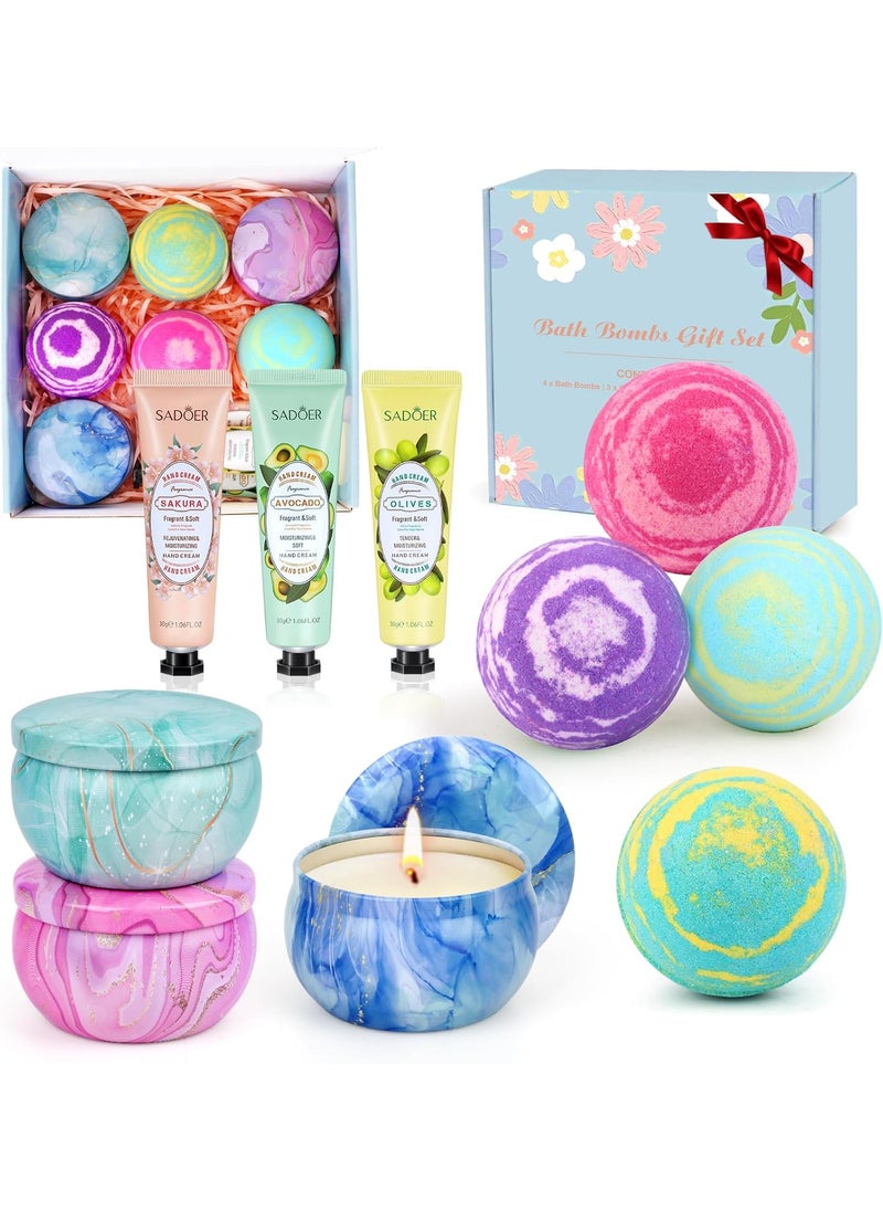 SUPERSUN - Bath Bombs for Women Gift Set  4 Large Bath Bombs  3 Scented Candles  3 Hand Lotions Handmade Moisturizing SPA Gift Baskets Fizzy Bath Bombs Ideal Gift for Valentines Day Mothers Day Birthday - Image 1