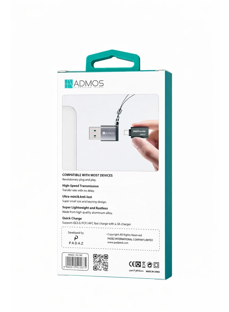Admos Mini Type-C to USB-A 3.0 Adapter – Fast Data Transfer & Charging – Metal Body with Keychain Ring – Compatible with Smartphones, Laptops & Tablets - Image 2