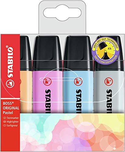 STABILO Highlighter BOSS ORIGINAL Pastel - Pack of 4 - Pale Orange, Cloudy Blue, Frozen Fuchsia, Dusty Grey, Chisel Tip - Image 1