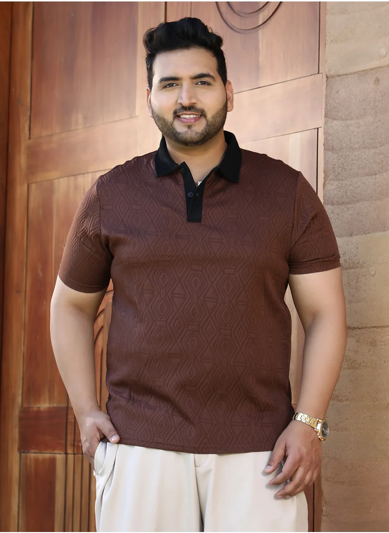 انستافاب بلس Instafab Plus Men's Brown & Black Triad Contrast Polo T-Shirt For Casual Wear | Polo Neck | Short Sleeves | Half-Button Closure | Plus Size T-Shirt Crafted With Comfort Fit For Everyday Wear